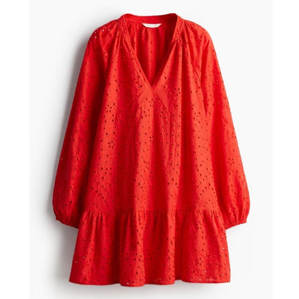 H&M Broderie Anglaise Eyelet Shift Tunic Dress Women's Large Orange